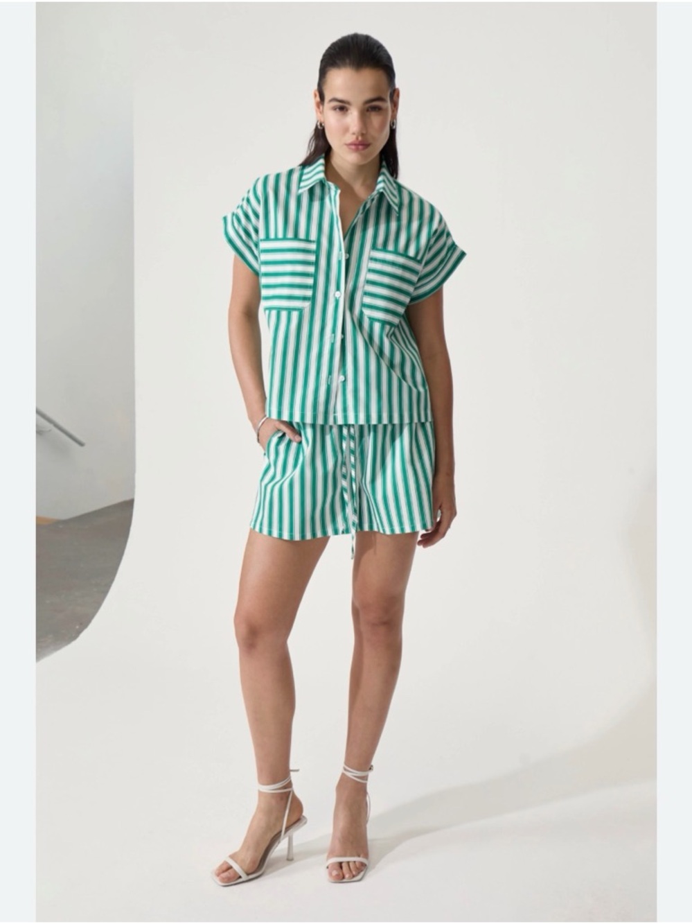 Deluc Green and White Striped Button Down Top & Drawstring Shorts